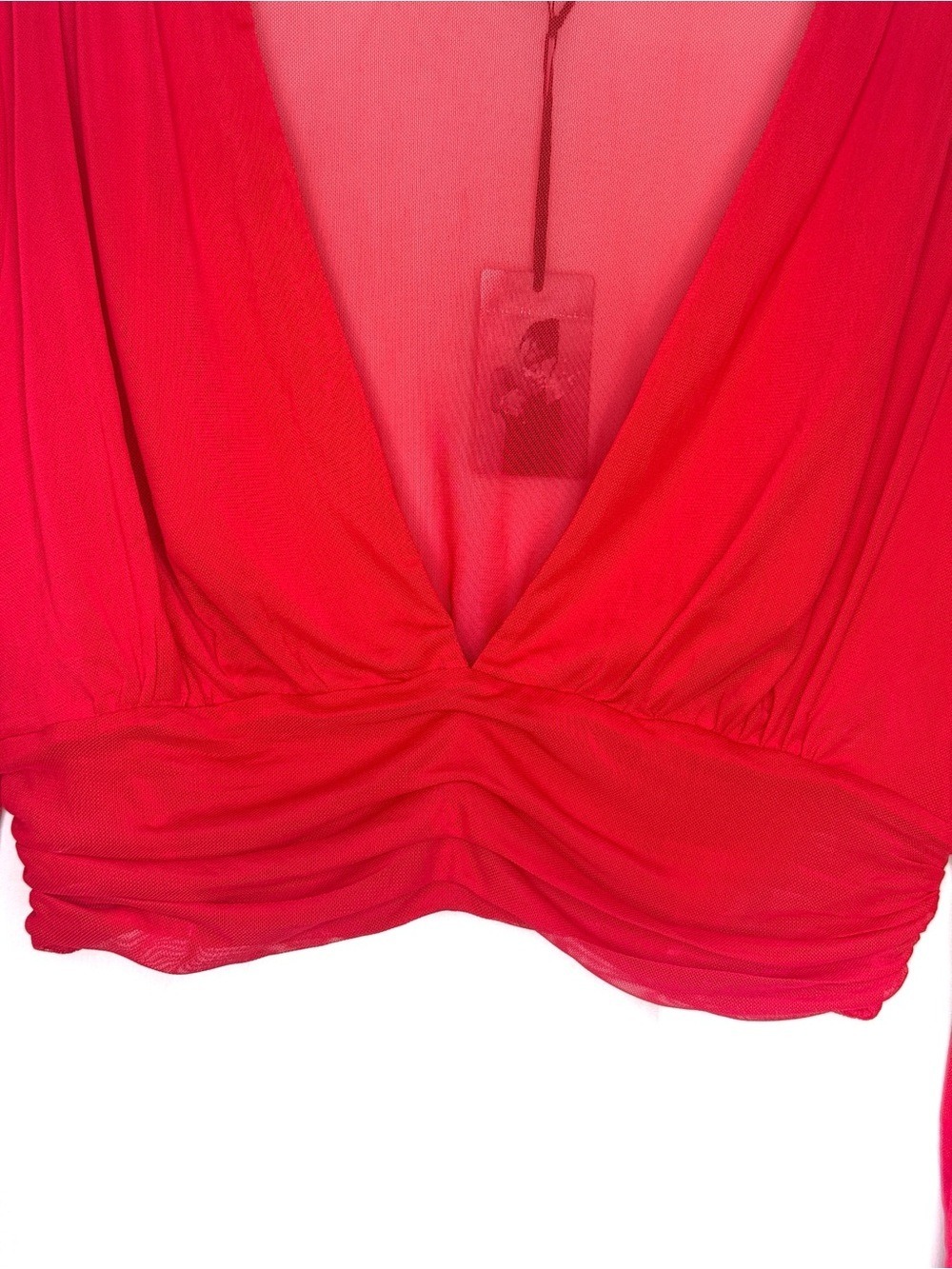 NEW WITH TAGS-Sincerely Jules Red Sheer Mesh Long Sleeve Crop Top Deep V-Neck M - Picture 2 of 7